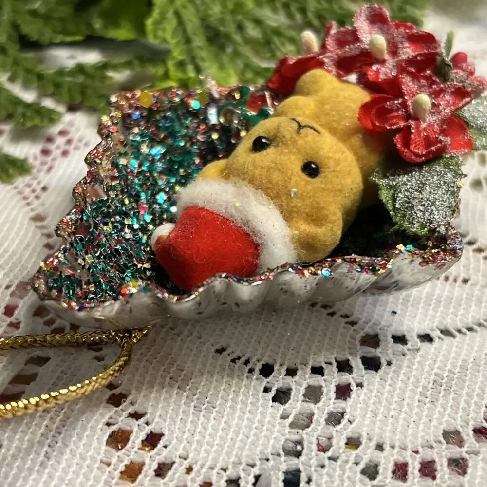Vintage Diamond Tart Tin Flocked Fuzzy Bear Diorama Mid Century Glitter Ornament